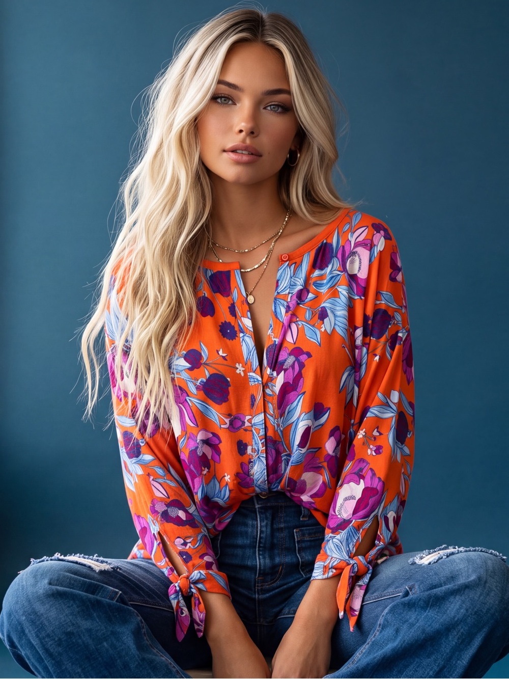 Free People Orange Floral Knot-Detail Blouse